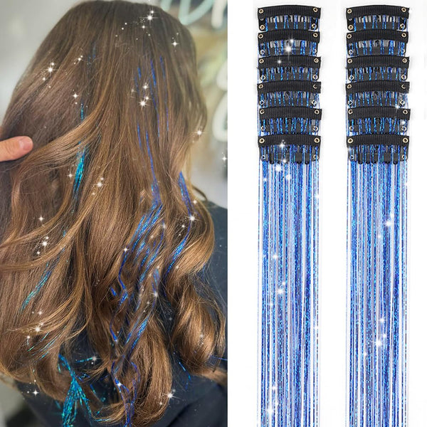 Umylar Clip in Hair Tinsel Pack of 12 Pcs 20 Inch Glitter Blue Tinsel Hair Extensions