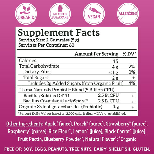 Gummies Gummy 120 Llama Naturals Probiotics for Women and Men with Prebiotic Fiber, Vegan, Organic, Probiotic for Gut