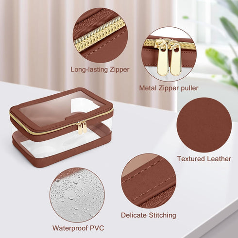 Travel Clear Makeup Bag with Brush Bag, Portable Waterproof Cosmetic Organizer Storage Bag for Women, Brown