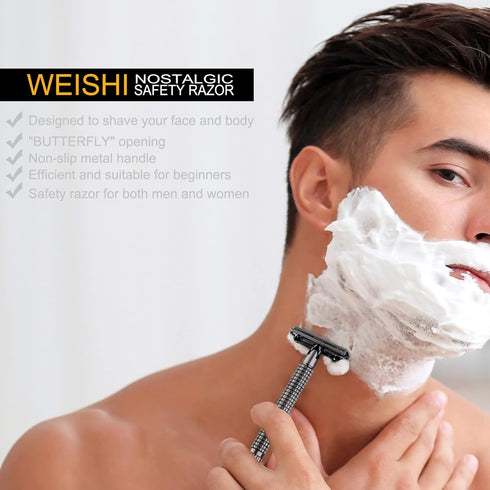 WEISHI Butterfly Open Double Edge Safety Razor for Men - Nostalgic Long Handle with 5 Stainless Blades