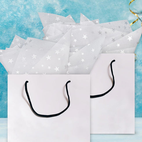 MR FIVE 100 Sheets White with Silver Star Tissue Paper, 20" x 14" for Gift Bags Birthday Holiday Weddings