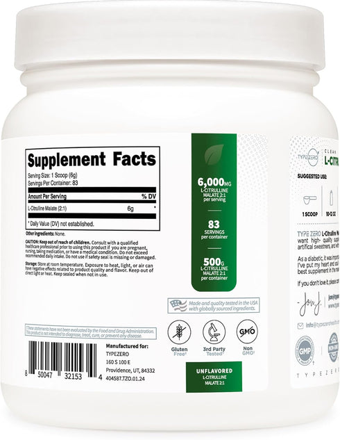Type Zero Clean L-Citrulline Malate 2:1 Powder Drink Mix - 500g Unflavored (83 Servings) - Keto Friendly