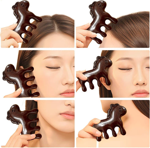 NWIUREN Sandalwood Cute Pony Scalp Massager | Wooden Massage Brush for Head, Face, Eyes, Shoulder, and Neck | Gua Sha