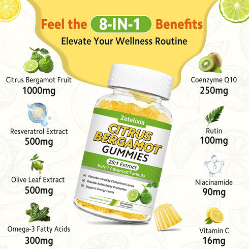 Zetelixia 2 Pack Gummies, Immune 120 Citrus Bergamot Citrus Bergamot Supplement for High Cholesterol, Cholesterol