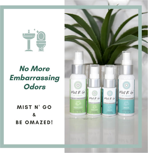 Omaze Mist N’ Go Travel Bathroom Spray - Toilet Odor Eliminator & Air Freshener - Fresh Linen Daily Pack (2oz x1 + 1oz