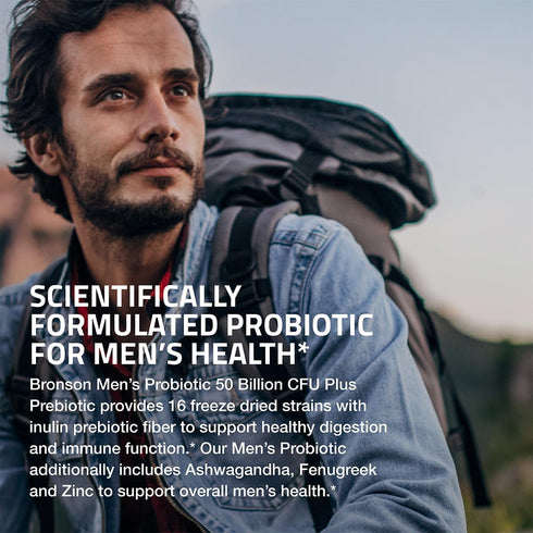 Bronson Men's Probiotic | 60 Vegetarian Capsules | 50 Billion CFU Plus Prebiotic with Ashwagandha, Fenugreek & Zinc,