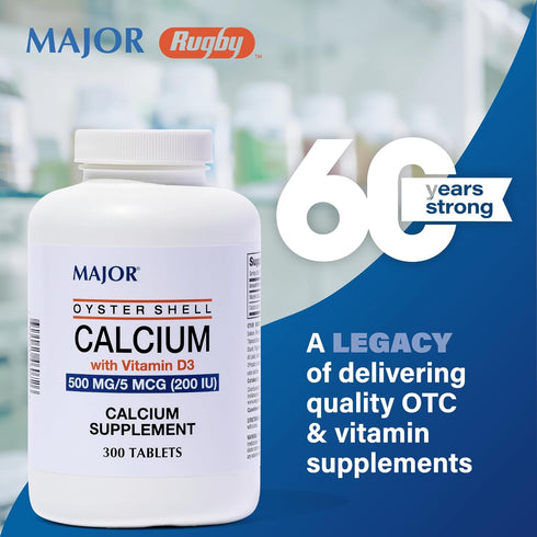 Major Oyster Shell Calcium with Vitamin D3, 500 mg / 5 mcg (200 IU) - Daily Calcium Supplement, 300 Tablets