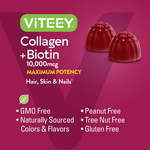 Collagen and Biotin Gummies for Hair, Skin, and Nails, Raspberry Flavored Chewable Vitamins for All Ages