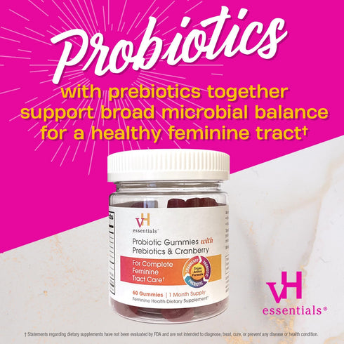 vH essentials Probiotic Gummies, 60 Count with Prebiotics & Cranberry for Urinary Tract Health and Vaginal Microflora
