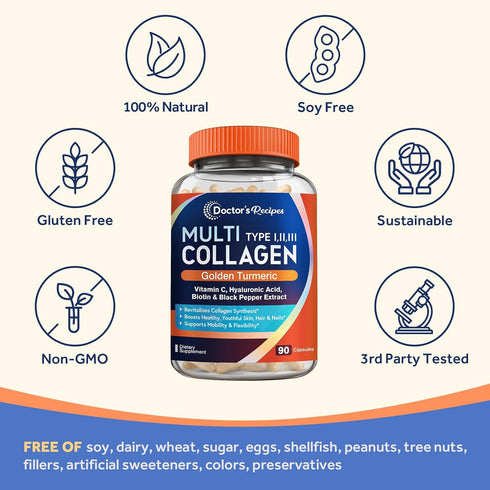 Doctor's Recipes Multi Collagen Peptides with Golden Turmeric - Collagen Supplements for Skin, Hair, Nail, 90 Caps