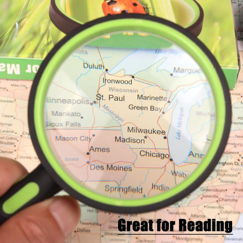 Ocim 2 Pack Magnifying Glass - Kids Magnifier, 75mm 10X Lens with Non-Slip Rubber Handle for Reading