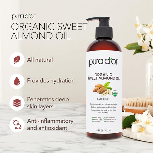 PURA D'OR 16 Oz ORGANIC Sweet Almond Oil, 100% Pure & Natural Cold Pressed Carrier Oil for DIY Beauty