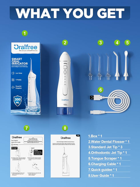Oralfree Water Dental Flosser Cordless - 4 Modes Oral Irrigator, 300ML Rechargeable Portable IPX7 Waterproof