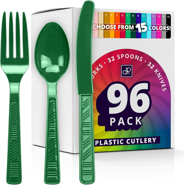 DecorRack Green Plastic Cutlery Set, 96 Piece Bulk Heavy Duty Utensils for Parties