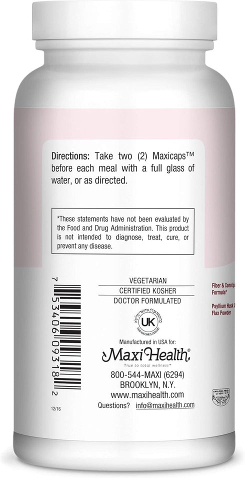 Maxi Health Fibermax Supreme – Vegetarian Psyllium Husk Capsules for Gentle Digestive and Gut Support – Kosher Fiber