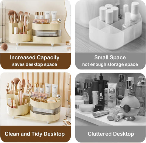 Rotating Makeup Organizer for Vanity - 3 Layer Storage with Brush Holder and Drawer for Cosmetics