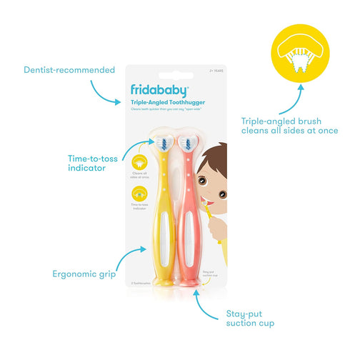 Frida Baby Triple-Angle Toothhugger Training Toddler Toothbrush | Cleans All Sides at Once | 2 Pack (Yellow + Pink).