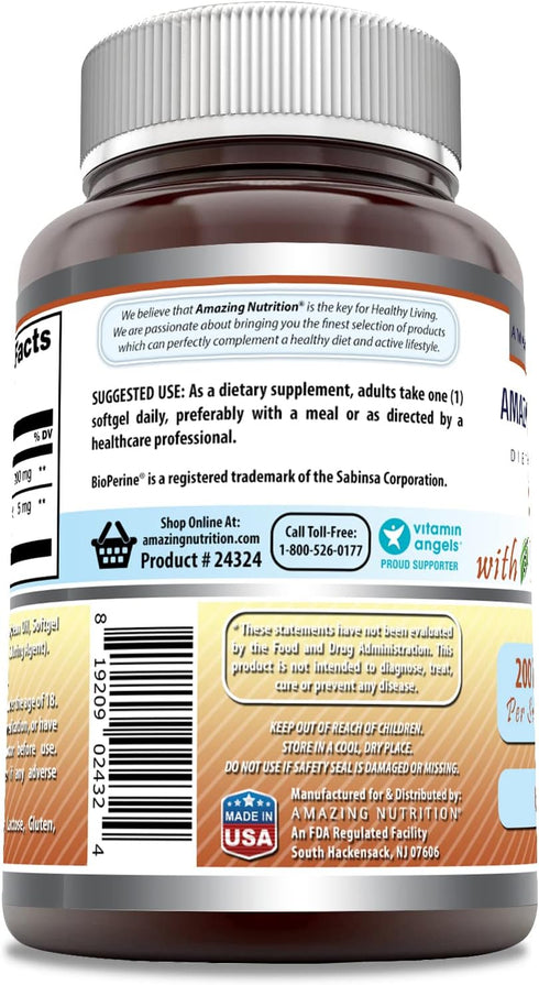 Amazing Formulas CoQ10 with Bioperine Supplement | 200 Mg Per Serving | 60 Softgels | Non-GMO | Gluten Free | Made in USA