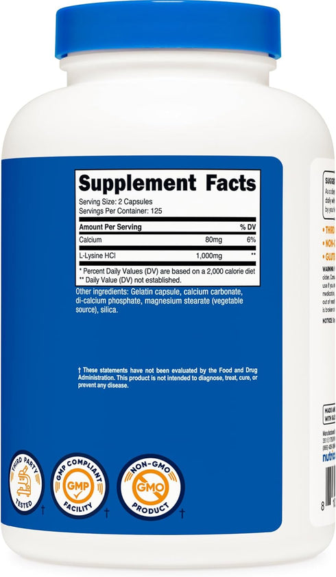 Nutricost L-Lysine 1000mg, 250 Capsules, Gluten Free, Non-GMO