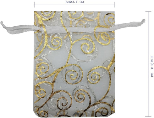 100pcs Sheer Organza Favor Bags, Rattan Print Gift Bags for Wedding Baby Shower, 3x4 inch, White