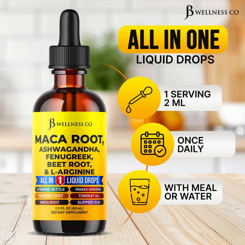 JB Wellness Co 2oz Organic Maca Root Liquid Drops with Ashwagandha, Nettle, Fenugreek, Beet Root and L-Arginine Liquid