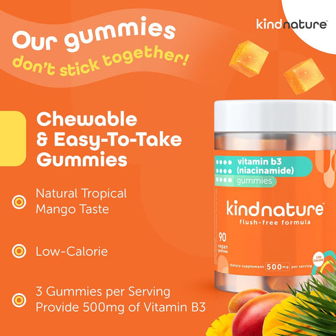 Kind Nature Vitamin B3 Gummies, 500mg Flush Free Niacinamide, Vegan, Non-GMO, 90 Chewable Gummies, 1 Month Supply