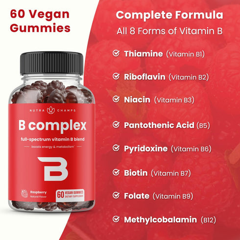 Vitamin B Complex Gummies for Women, Men & Kids, Boosts Energy & Metabolism, B Vitamins B1, B2, B3, B5, B6, B7, B9, B12