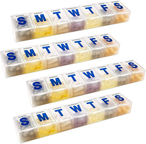 Weekly Pill Organizer - 7-Day Extra Large Pill Planner and Daily Medicine Reminder, BPA Free Travel Pill Box (Pack of 4)