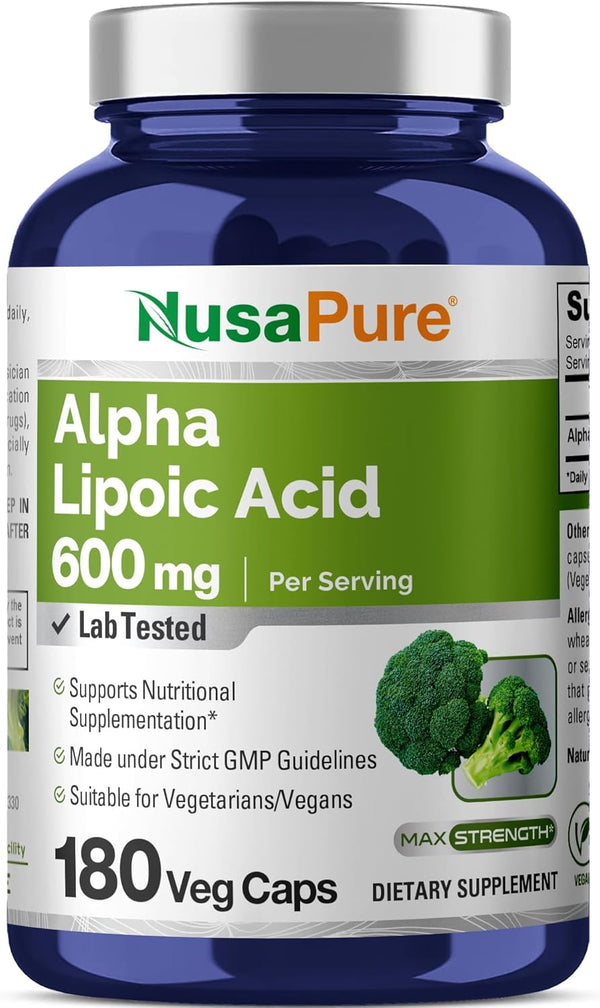NusaPure Alpha Lipoic Acid 600 mg - 180 Veggie Capsules (Vegan, Non-GMO)