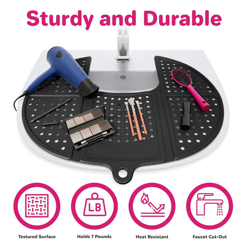 Sink Topper Foldable Sink Cover - Silicone Makeup Brush Cleaning Mat, Hot Tools Organizer, Standard Black