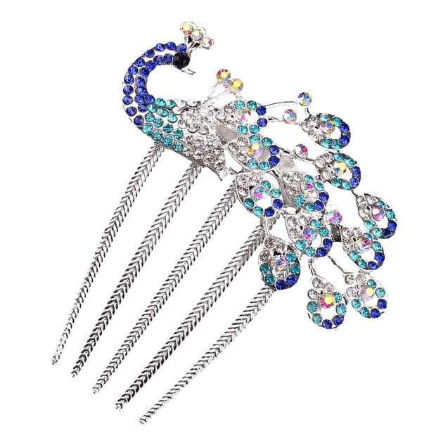Wedding Bridal Headpiece Rhinestone Hair Comb, Women Peacock Hair Clip Side Comb Hair Accessory (Blue)