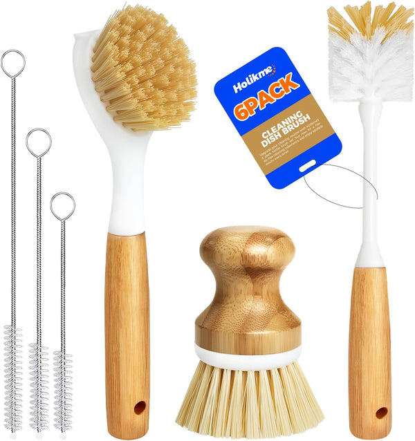 Holikme 6 Pack Dish Brush Scouring Pad Set - Includes Bottle Brush, Palm Scrub Brush, and Straw Brush, Yellow