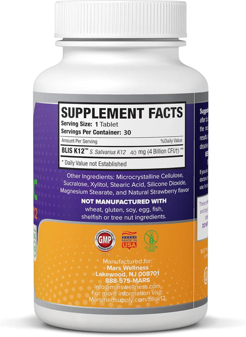 Oral Probiotic Supplement with BLIS K12, 4 Billion CFU, Dairy Free, 60 Count for Dental Health
