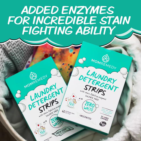 Packaging 60 Count MomRemedy Laundry Detergent Sheets with Powerful Stain Fighting Enzymes - Made in EU, Sulfate Free