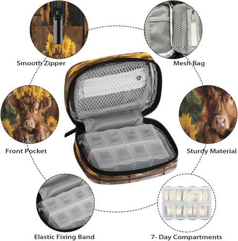 Skerhhux 7 Animal Flower Highland Cow Pill Case Travel Pill Organizer Weekly Day Portable with Zipper Medicine Box Pill