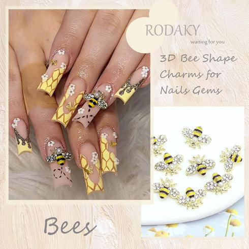 RODAKY 10Pcs Gold Bee Nail Art Charms, 3D Gold Alloy Jewelry Charm for DIY Nail Design Supplies for Women