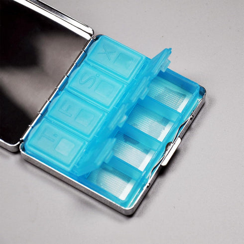 Hypetal 8 Cute and Stylish Metal Pill Box - Compact Portable Pill Organizer with Compartments, Food-Grade Divider