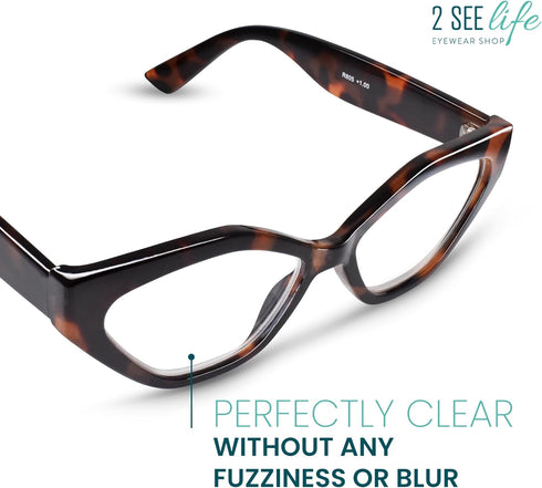 Tortoise Shell Geometric Cat Eye Reading Glasses for Women, Funky Look & Clear Vision, Sturdy Magnifying Glasses for