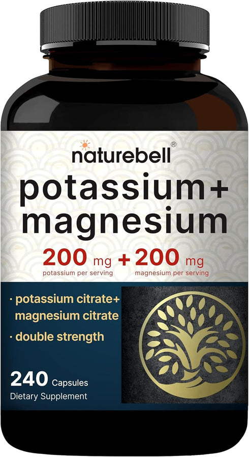 Naturebell Potassium Magnesium Electrolyte Powder Capsules | 200mg Potassium + 200mg Magnesium Citrate for Muscle,
