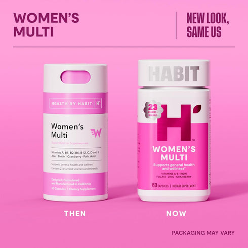 HABIT Womens Multi Supplement (60 Capsules) - New Look, Supports General Health & Wellness, 23 Essential Vitamins and Minerals, Fruit extracts, Folate, Iron, B12, Biotin, Non-GMO (1 Pack)