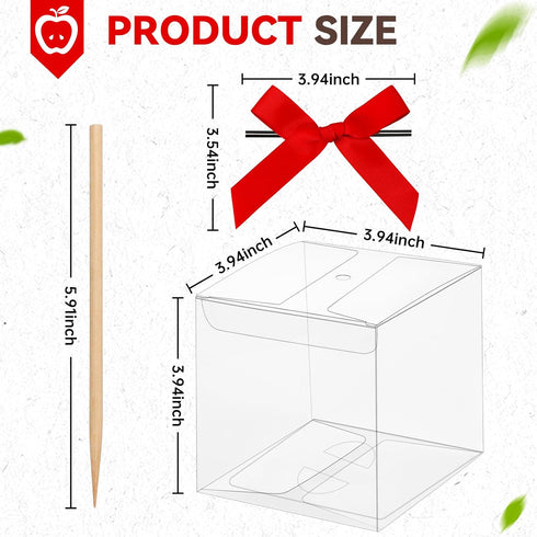 Temmgnie 30 Sets Holes,4"x 4"x 4" Candy Apple Boxes with Clear Caramel Apple Box,Plastic Favor Boxes with Red Ribbons