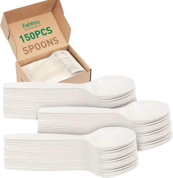 100% Compostable Disposable Spoons - 150pcs Heavy Duty Eco-Friendly Cutlery, Ivory White