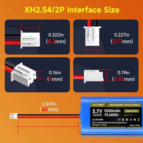 Palowextra 2 Pack 3.7V ICR18650 5200mAh 1S2P XH2.54/2P Lithium ion Rechargeable Battery with JST Plug Connector for DIY