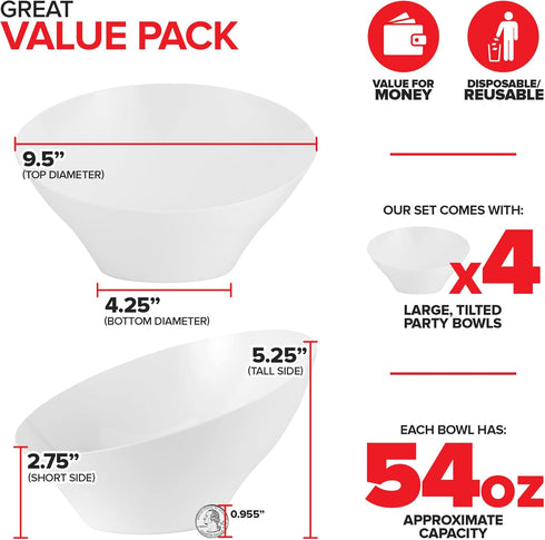 54oz White Plastic Serving Bowls (4 Pack) Large Disposable Snack Bowl Candy Dishes, Buffet Containers, Chips, Popcorn, Snacks, Punch, Salad Bar, Parties, Office Desk, Bridal Shower, Party Supplies by Stock Your Home