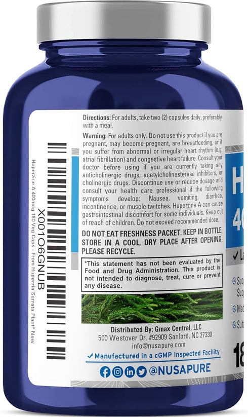 NusaPure Huperzine A - 400mcg, 180 Veggie Capsules (Vegetarian, Non-GMO, Vegan)
