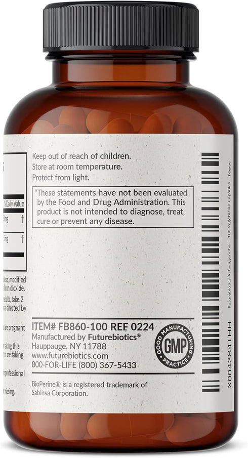 Futurebiotics Ashwagandha Extra Strength, Stress & Mood Support with BioPerine, Non-GMO, 100 Vegetarian Capsules