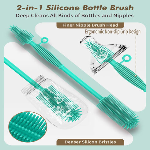 Double Sided Cleaning Brush, Soft Kitchen Scrub Brush, Reusable Silicone Bottle Cleaning Brush with Long Handle