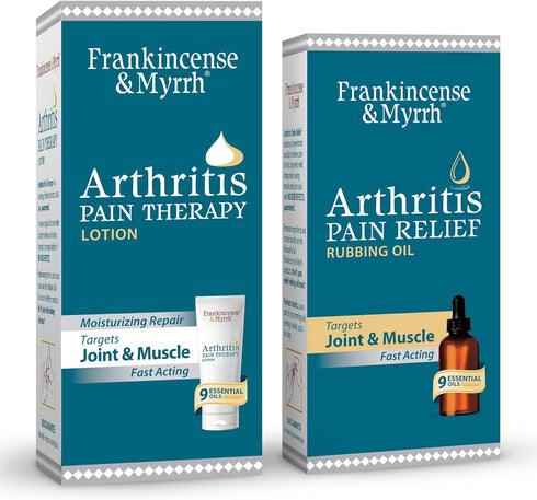 FRANKINCENSE & MYRRH Arthritis Combo Pack, Pain Relief Rubbing Oil 2 oz. and Therapy Lotion 3 oz. with Essential Oils.