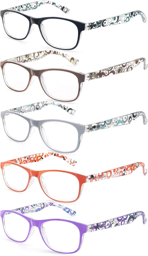 Reading Glasses Women +1.25 - Floral Print Square Readers, 5 Pack with Spring Hinge, Lightweight Comfortable Fit
