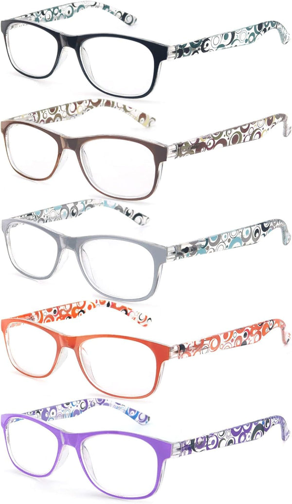Reading Glasses Women +1.25 - Floral Print Square Readers, 5 Pack with Spring Hinge, Lightweight Comfortable Fit